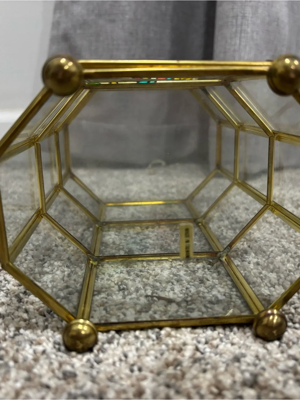 Vintage Brass Hexagonal Glass Curio Cabinet With Stained Glass Parrots